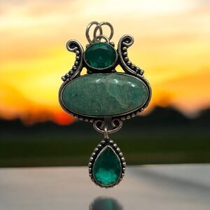 Amazonite and Apatite Gemstone Ethnic Pendant 925 Silver